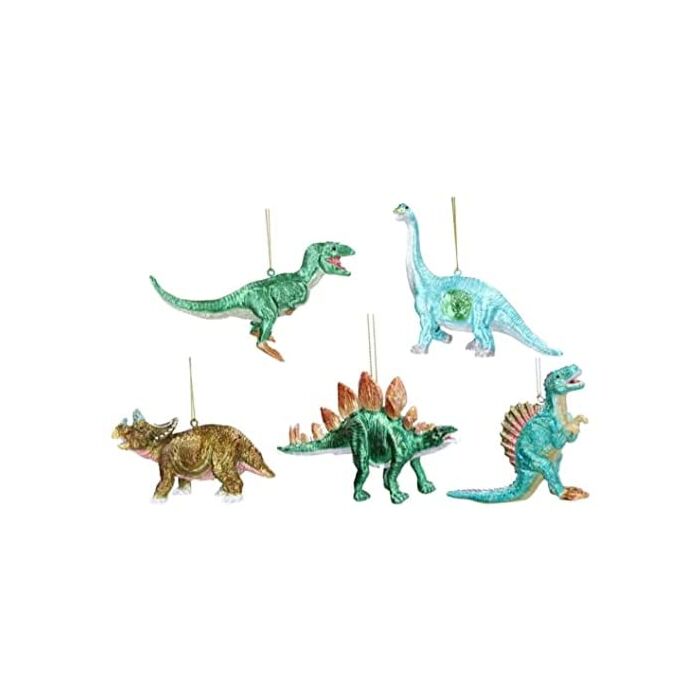 Gisela Graham - Metallic Dinosaur Set - Resin Tree Decoration x5